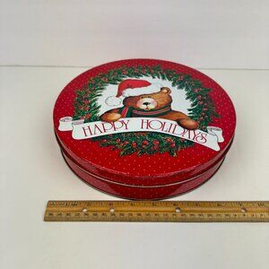 Vtg Round Metal Tin Teddy Bear Happy Holidays Red w Polka Dots 10in Diameter‎